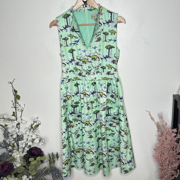 LINDY BOP Joy Green Dinosaur Print Dress Whimsical Novelty Print Sz 6 {H37} - Picture 2 of 5